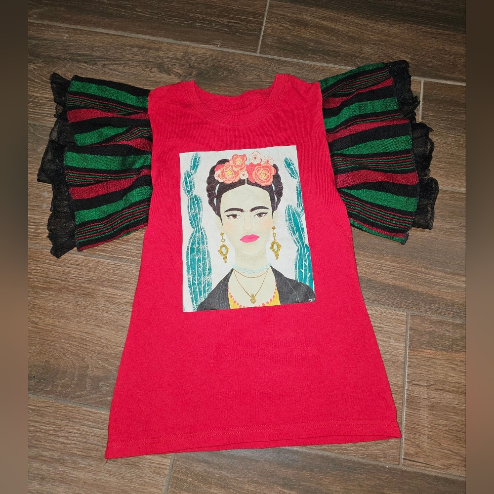 UNIQUE Red Top With Frida Kahlo Print and Striped Sleeves Sz XS NO SIZE TAG